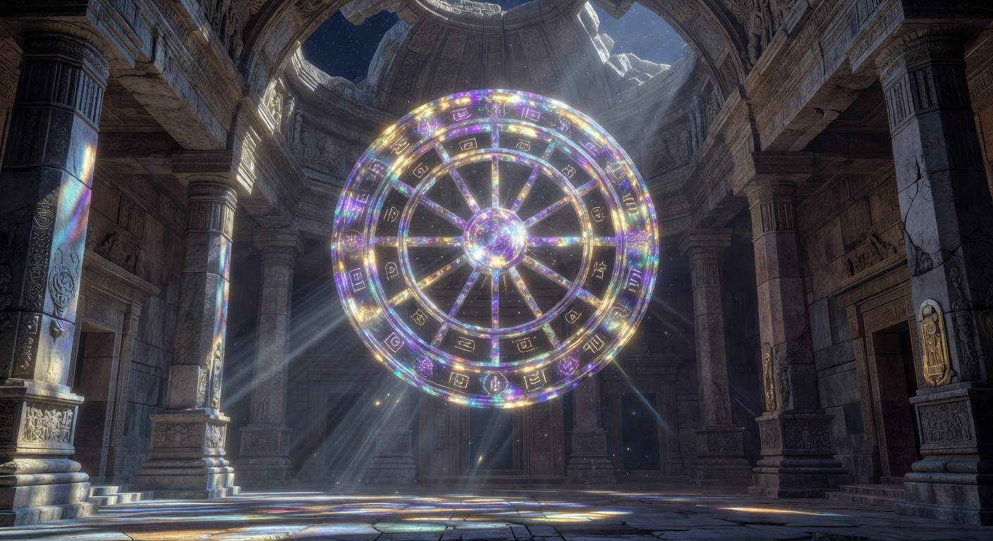 Mystical glowing wheel in the sky temple